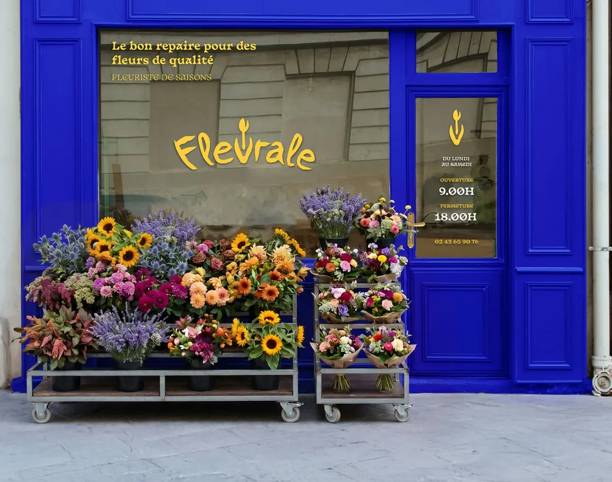La devanture bleu électrique de la boutique Fleurale, présentoirs de bouquets de saison sur le trottoir, rue des Maillets au Mans